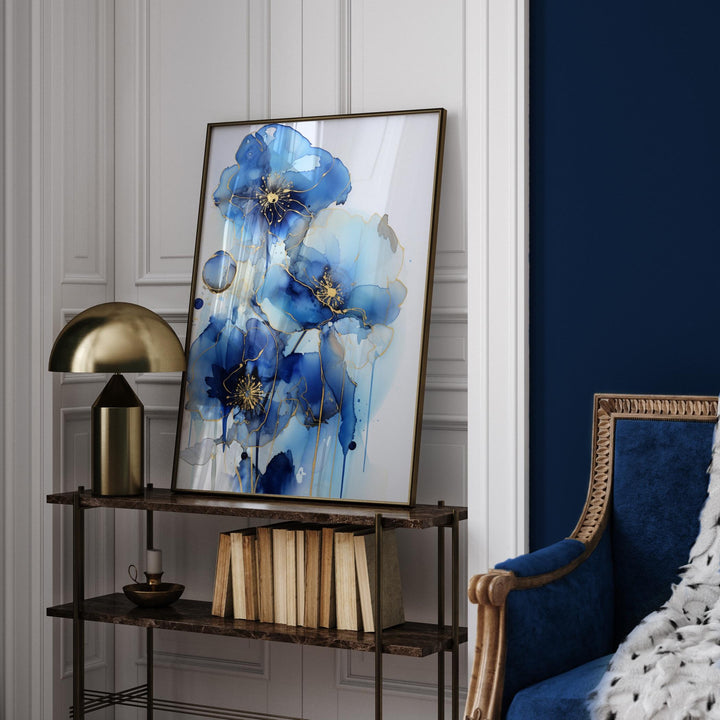 Blue and Gold Flower Wall Art | Elegant Floral Print | Modern Botanical Decor for Living Room
