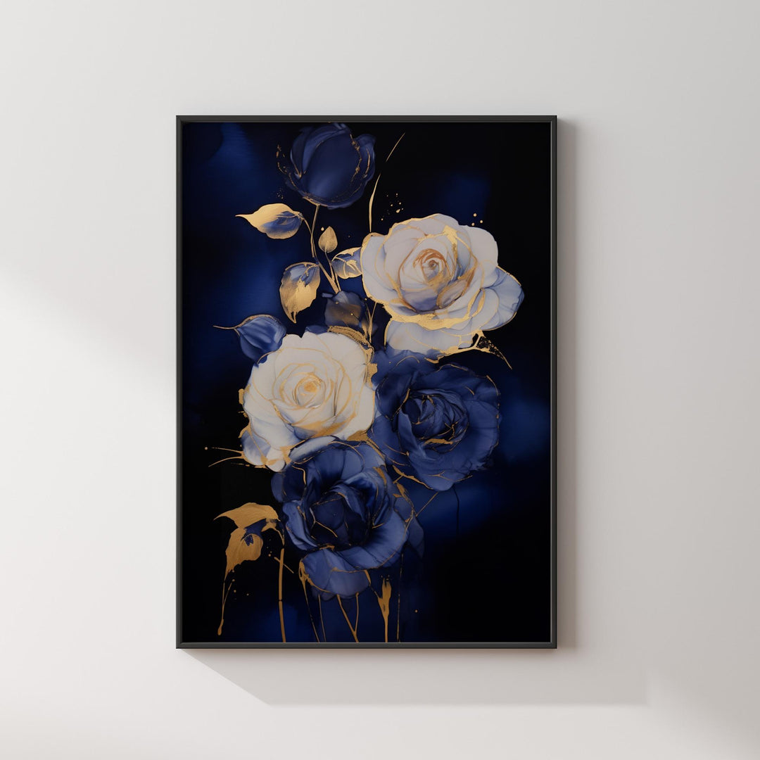 Gold and Blue Rose Art Print | Abstract Floral Wall Art | Elegant Decor for Office or Living Room