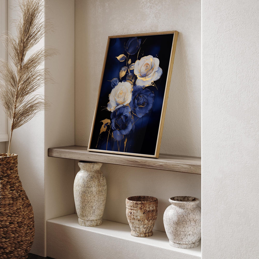Gold and Blue Rose Art Print | Abstract Floral Wall Art | Elegant Decor for Office or Living Room