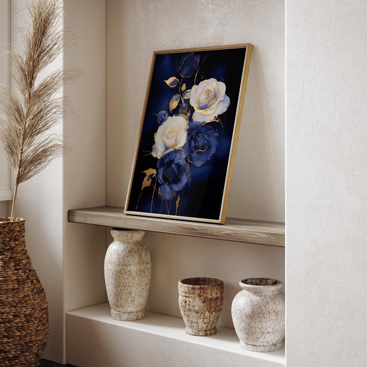 Gold and Blue Rose Art Print | Abstract Floral Wall Art | Elegant Decor for Office or Living Room