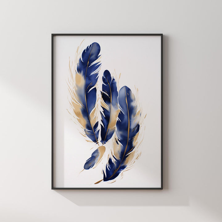 Blue and Gold Feather Wall Art | Abstract Nature Wall Art | Elegant Decor for Bedroom Or Study