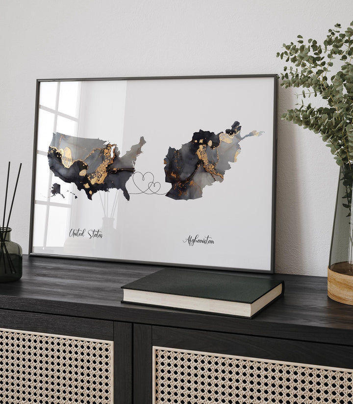 USA and Afghanistan Map Black & Gold Travel Wall Art Print | United States | America | Travel Moving Home Gift