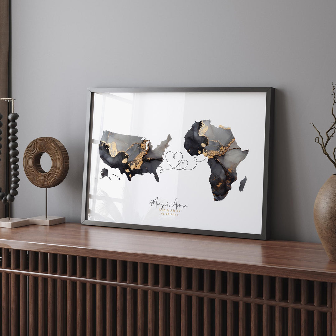 USA to Africa Map Black & Gold Travel Wall Art Print | United States | America | Travel Moving Home Gift