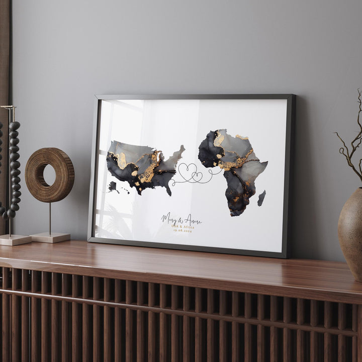 USA to Africa Map Black & Gold Travel Wall Art Print | United States | America | Travel Moving Home Gift