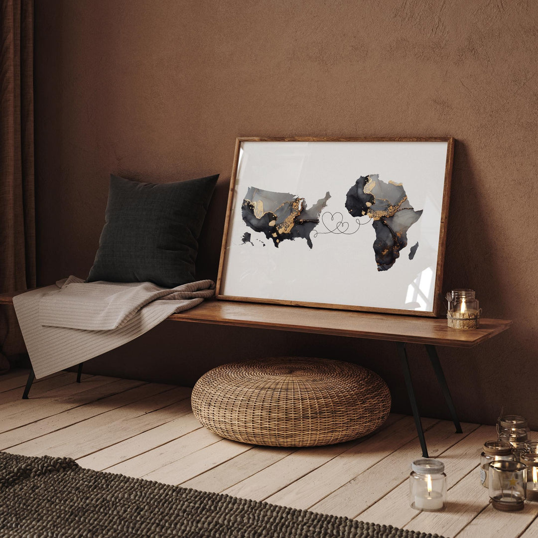 USA to Africa Map Black & Gold Travel Wall Art Print | United States | America | Travel Moving Home Gift