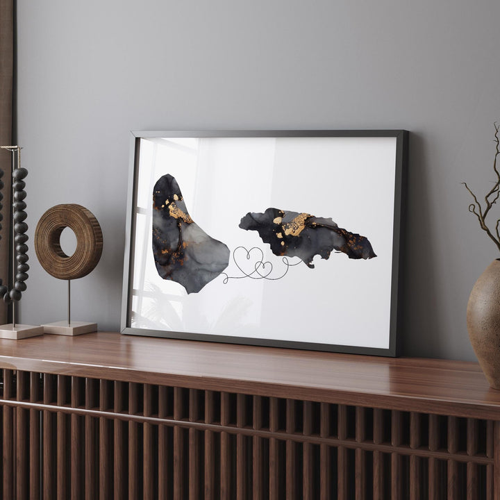 Barbados and Jamaica Map Black & Gold Travel Wall Art Print |  | Caribbean