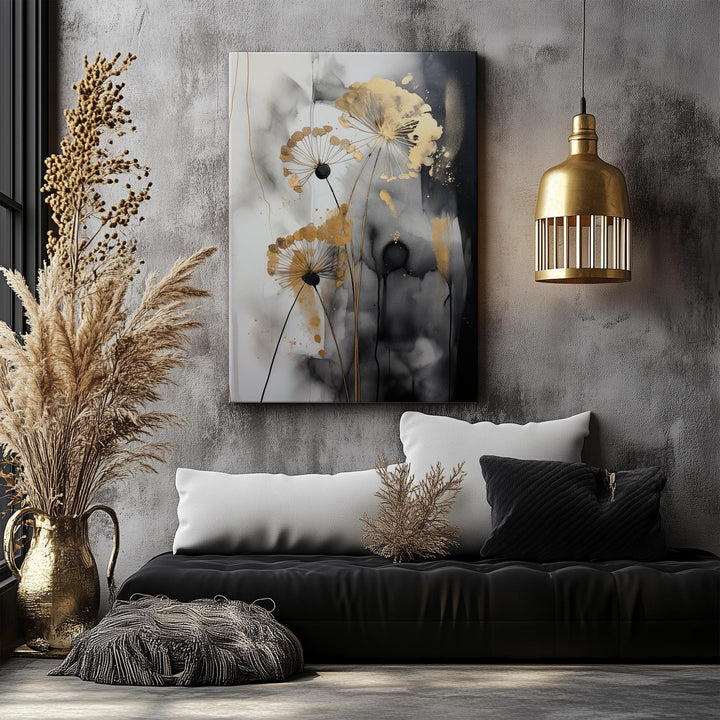 Dandelion Shades of Black, Grey & Gold Canvas Wall Art | Ready To Hang Stretched Canvas