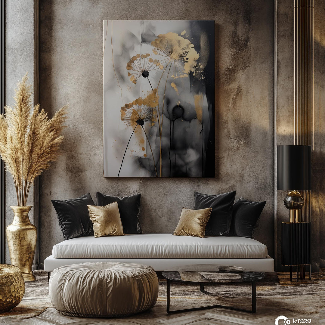Dandelion Shades of Black, Grey & Gold Canvas Wall Art | Ready To Hang Stretched Canvas