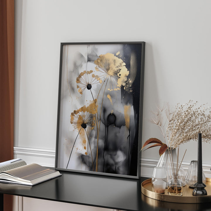 Black & Gold Dandelion Wall Art | Abstract Floral Print | Elegant Nature Decor for Bedroom or Living Room