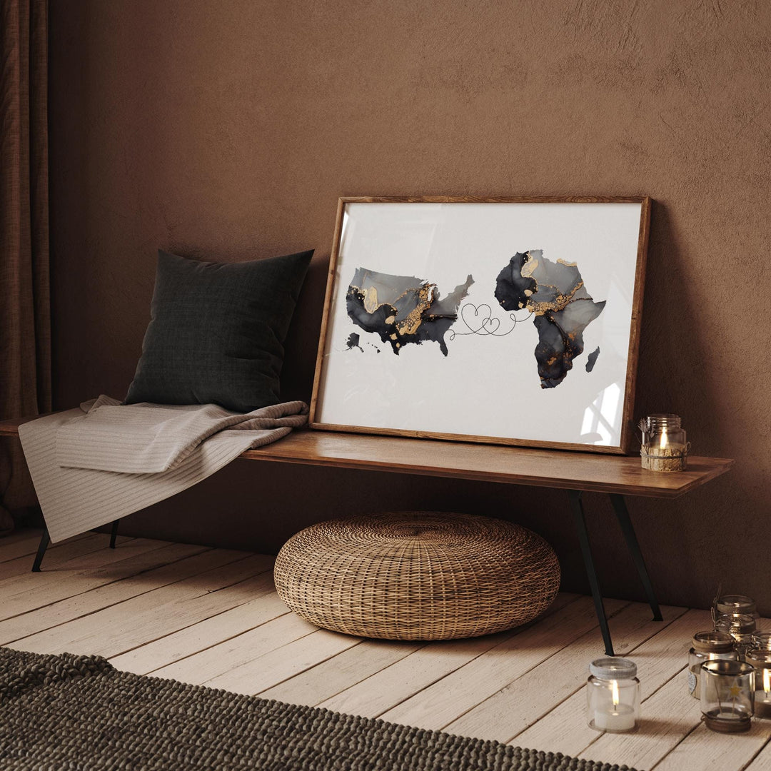 USA and Africa Map Black & Gold Travel Wall Art Print | United States | America | Travel Moving Home Gift