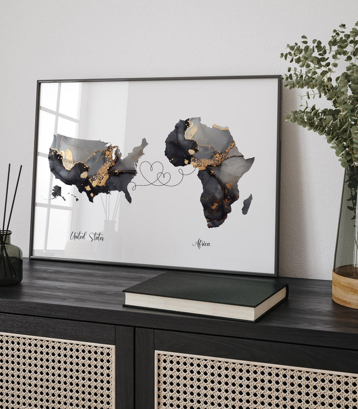 USA and Africa Map Black & Gold Travel Wall Art Print | United States | America | Travel Moving Home Gift