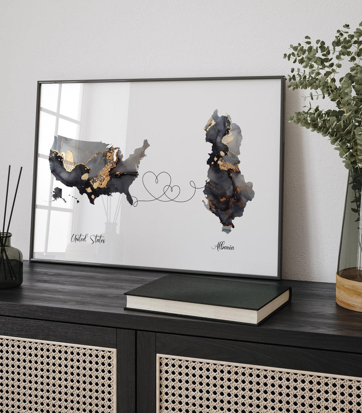 USA and Albania Map Black & Gold Travel Wall Art Print | United States | America | Travel Moving Home Gift