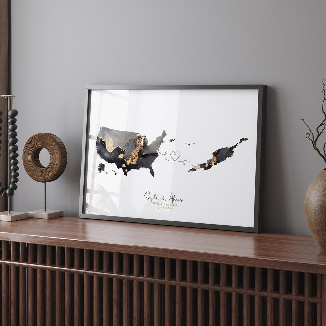 USA and Anguilla Map Black & Gold Travel Wall Art Print | United States | America | Travel Moving Home Gift