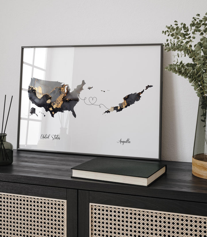 USA and Anguilla Map Black & Gold Travel Wall Art Print | United States | America | Travel Moving Home Gift