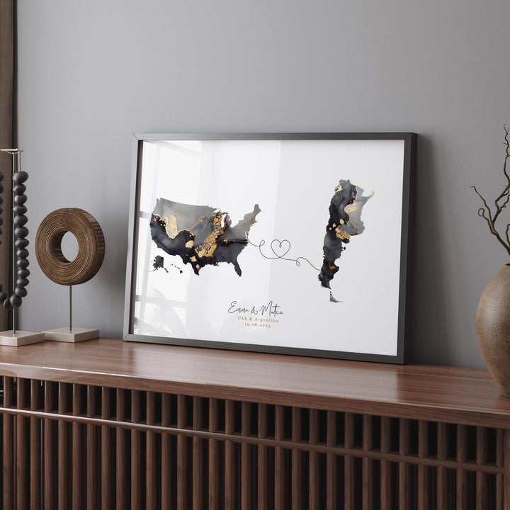 USA and Argentina Map Black & Gold Travel Wall Art Print | United States | America | Travel Moving Home Gift