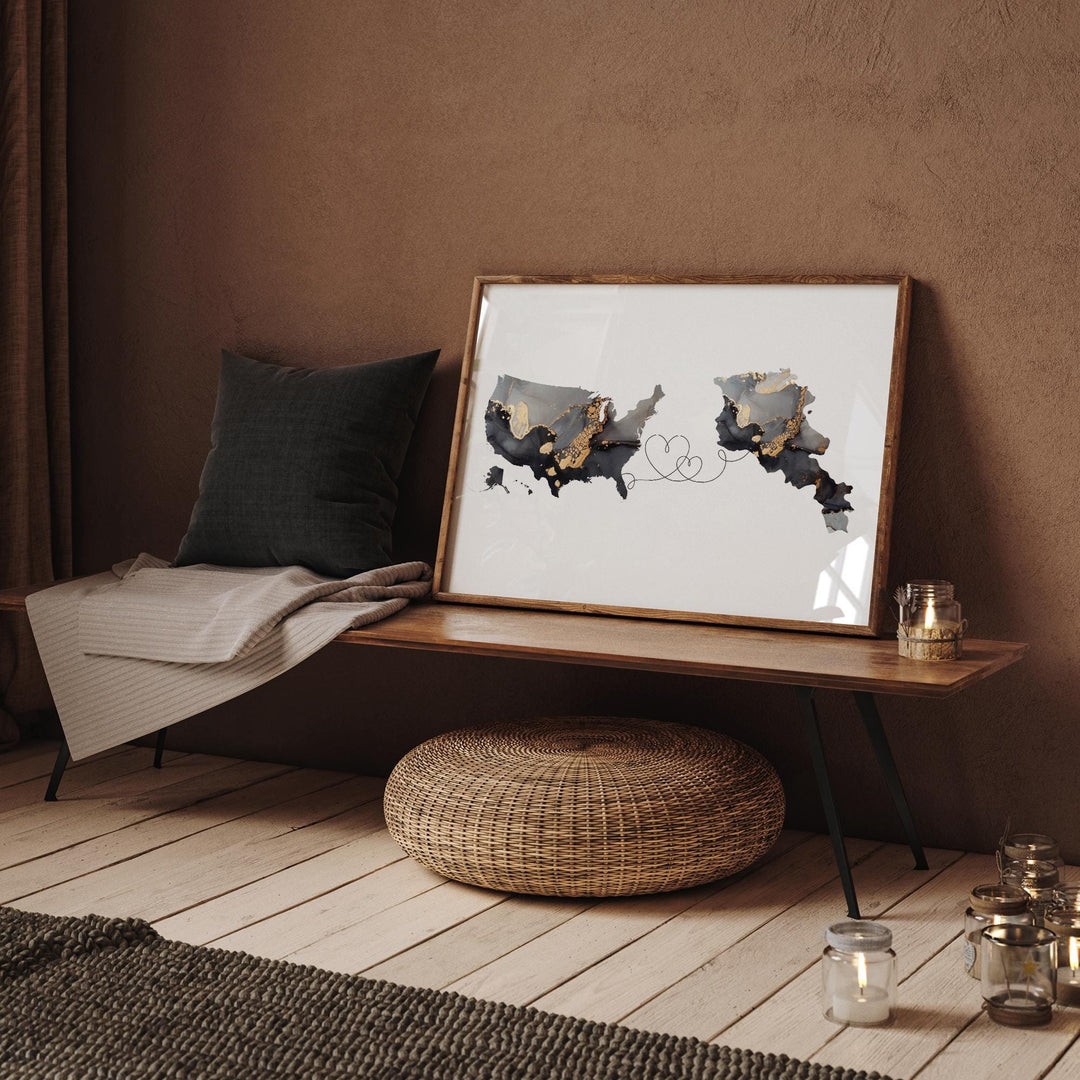 USA and Aruba Map Black & Gold Travel Wall Art Print | United States | America | Travel Moving Home Gift
