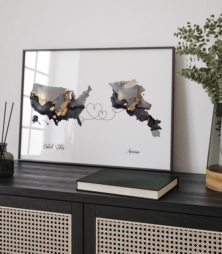 USA and Aruba Map Black & Gold Travel Wall Art Print | United States | America | Travel Moving Home Gift