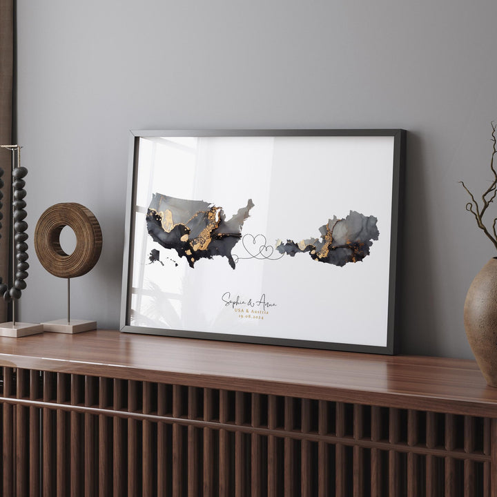 USA and Austria Map Black & Gold Travel Wall Art Print | United States | America | Travel Moving Home Gift