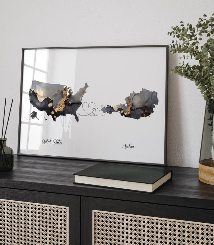 USA and Austria Map Black & Gold Travel Wall Art Print | United States | America | Travel Moving Home Gift