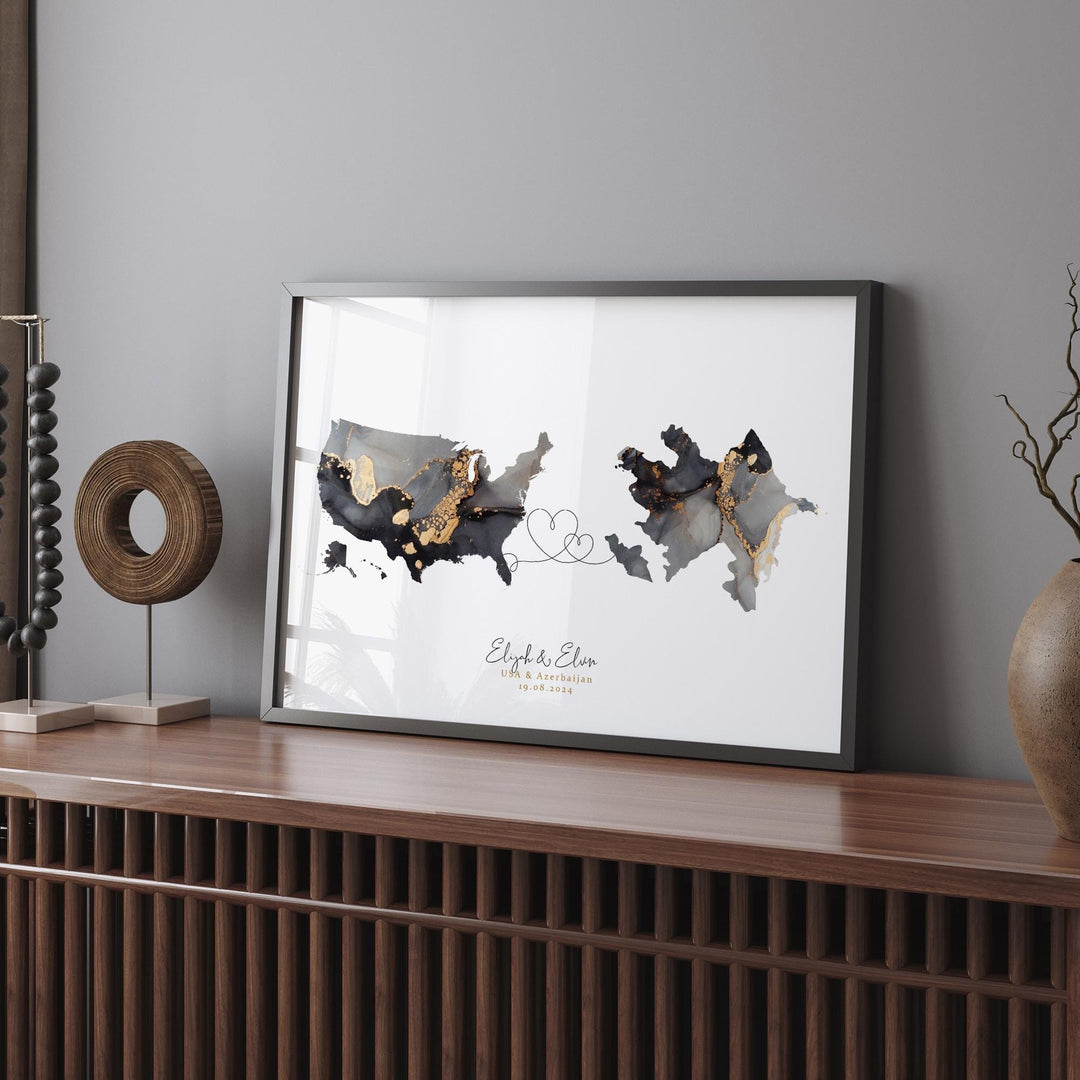 USA and Azerbaijan Map Black & Gold Travel Wall Art Print | United States | America | Travel Moving Home Gift