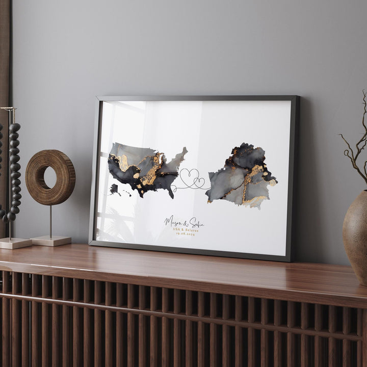 USA and Belarus Map Black & Gold Travel Wall Art Print | United States | America | Travel Moving Home Gift