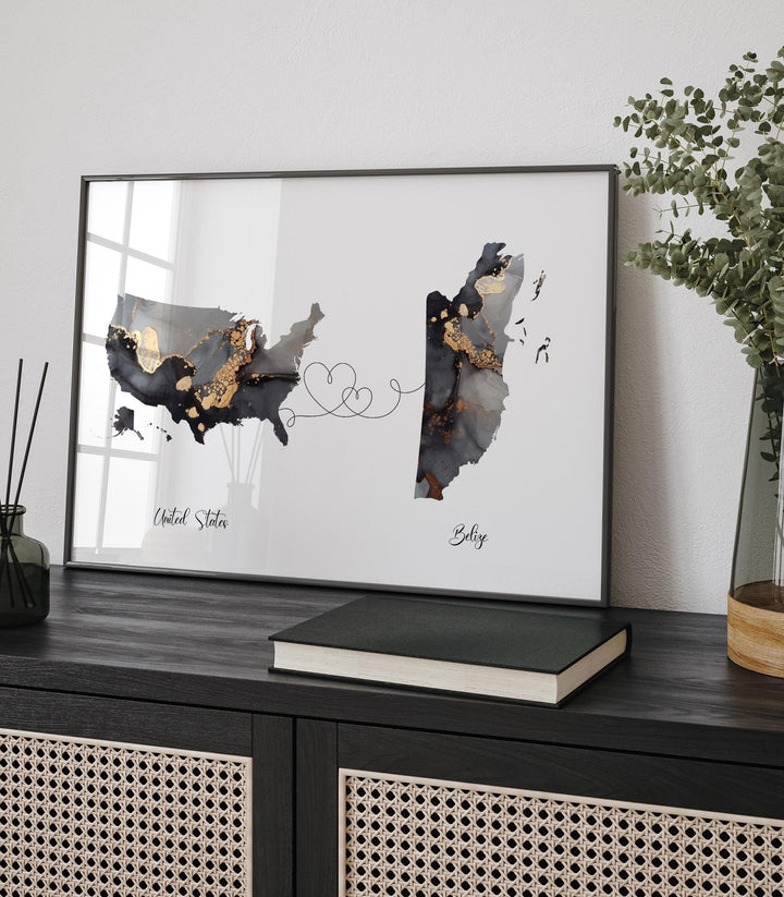 USA and Belize Map Black & Gold Travel Wall Art Print | United States | America | Travel Moving Home Gift