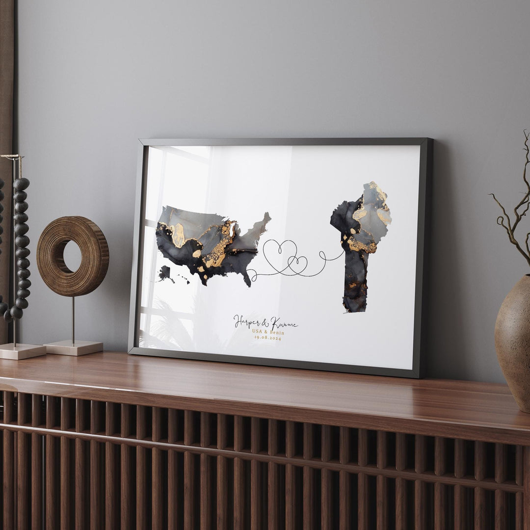 USA and Benin Map Black & Gold Travel Wall Art Print | United States | America | Travel Moving Home Gift
