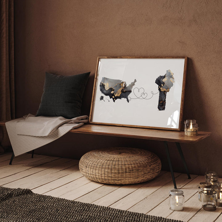 USA and Benin Map Black & Gold Travel Wall Art Print | United States | America | Travel Moving Home Gift