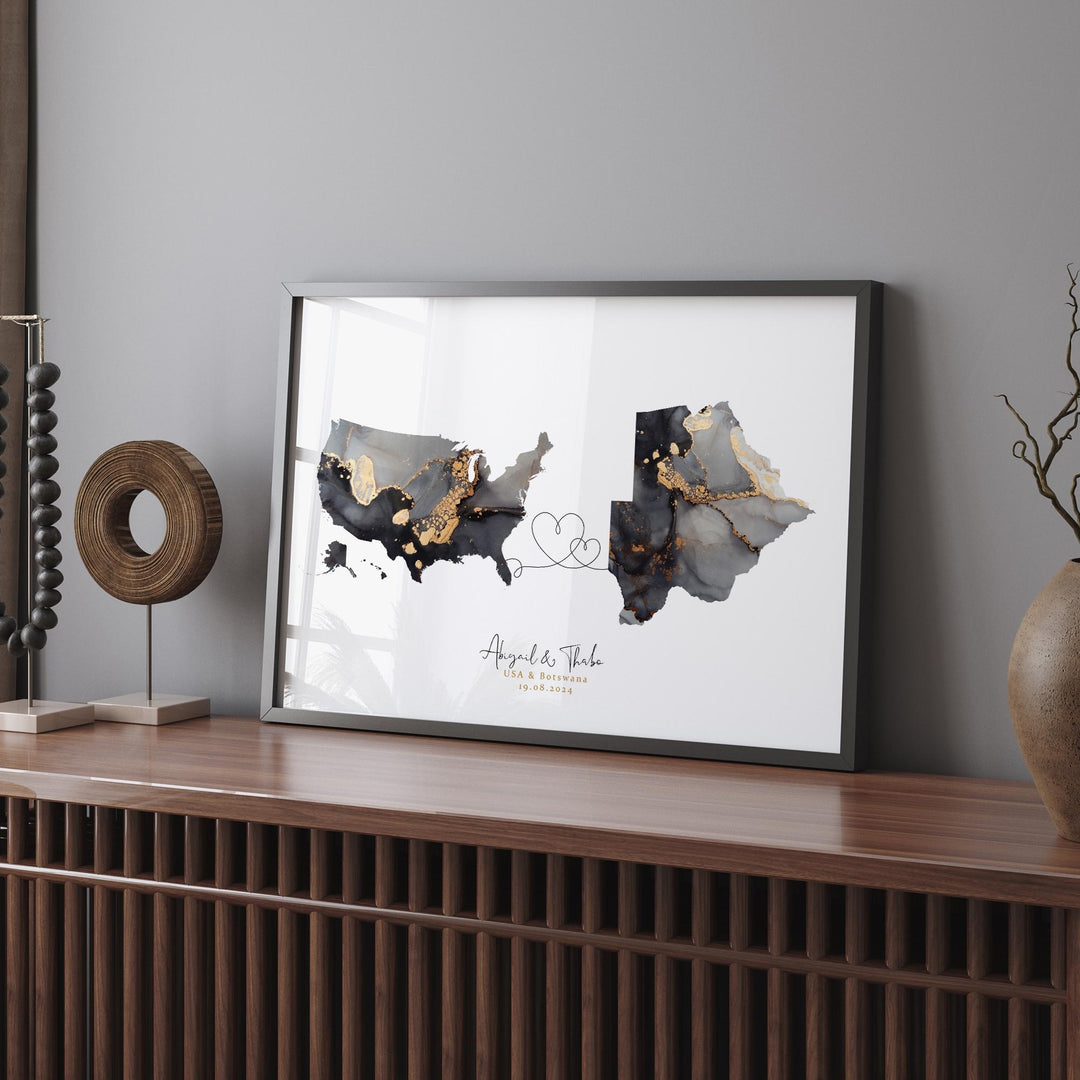 USA and Botswana Map Black & Gold Travel Wall Art Print | United States | America | Travel Moving Home Gift