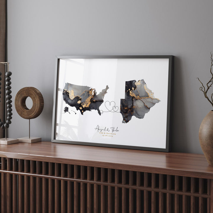 USA and Botswana Map Black & Gold Travel Wall Art Print | United States | America | Travel Moving Home Gift