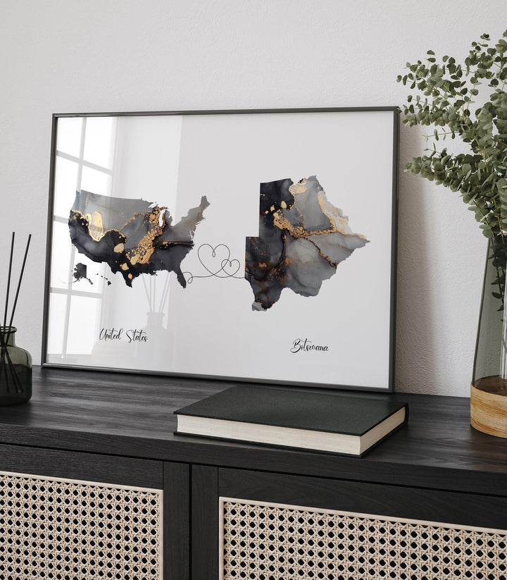 USA and Botswana Map Black & Gold Travel Wall Art Print | United States | America | Travel Moving Home Gift