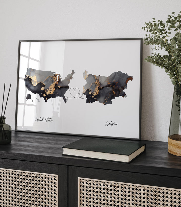 USA and Bulgaria Map Black & Gold Travel Wall Art Print | United States | America | Travel Moving Home Gift