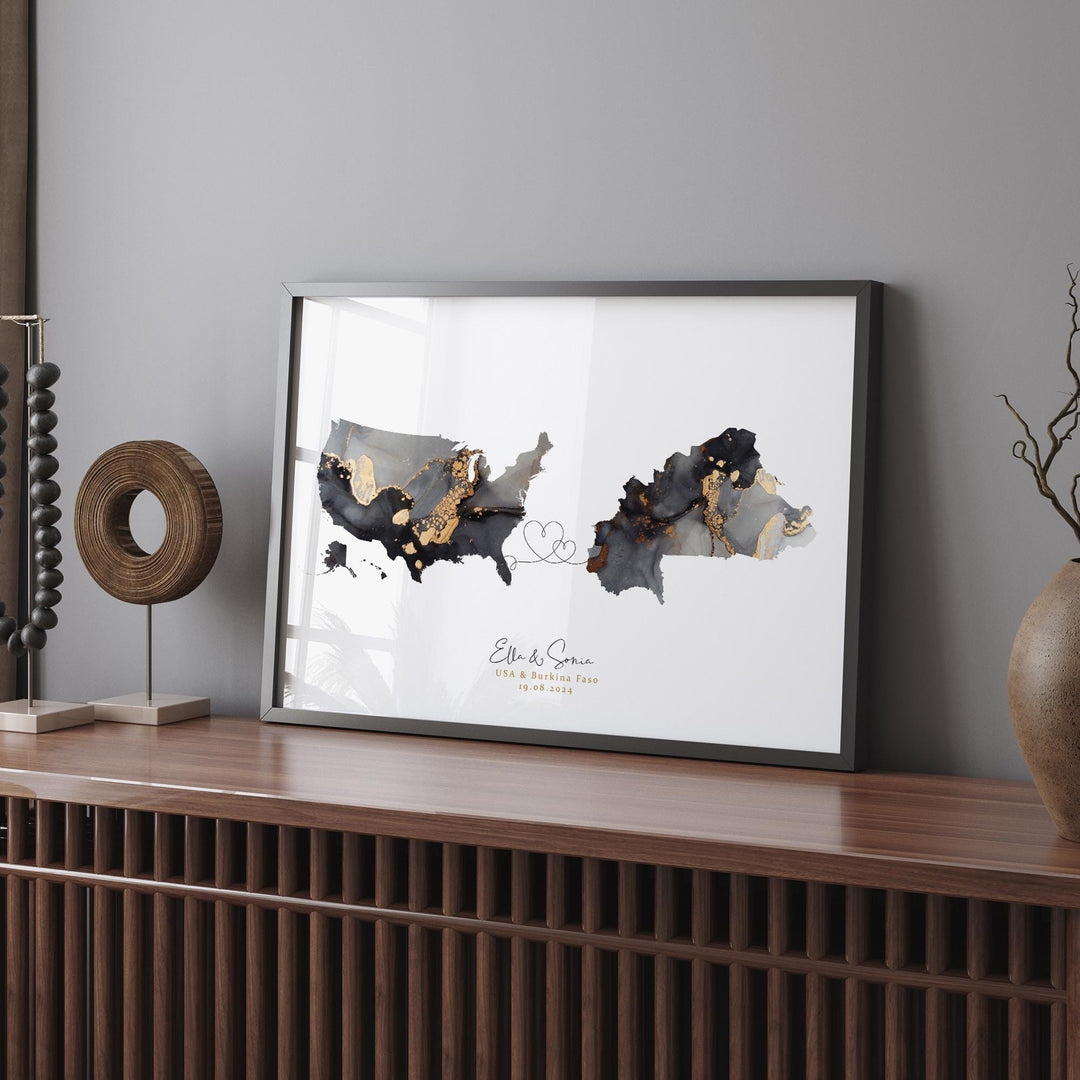 USA and Burkina Faso  Map Black & Gold Travel Wall Art Print | United States | America | Travel Moving Home Gift