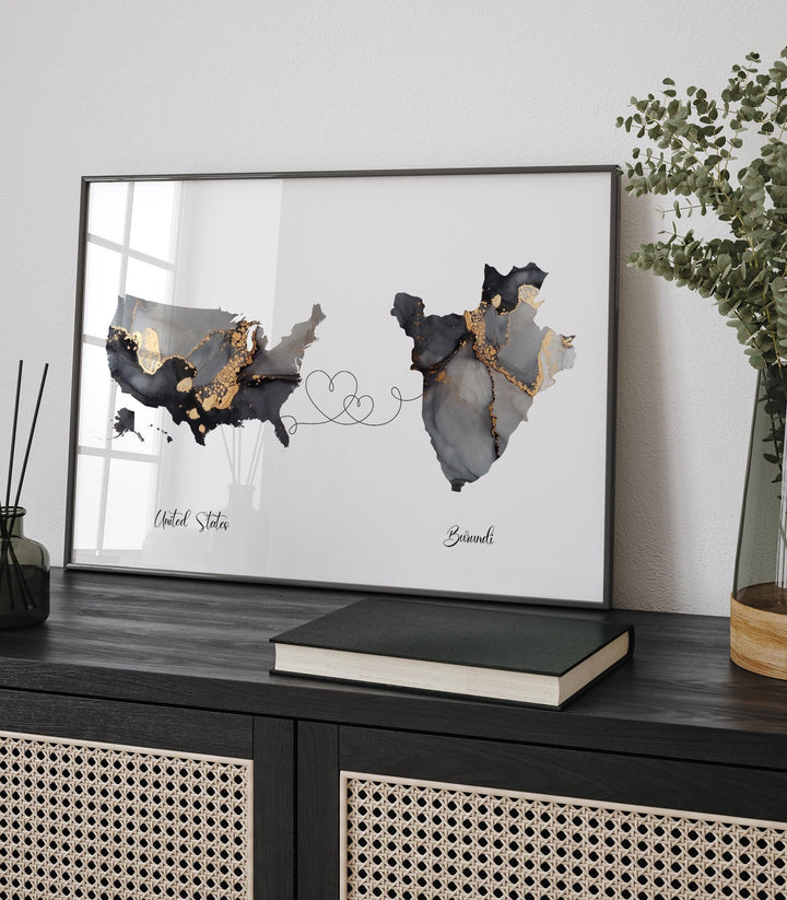 USA and Burundi Map Black & Gold Travel Wall Art Print | United States | America | Travel Moving Home Gift