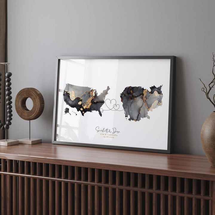USA and Cambodia Map Black & Gold Travel Wall Art Print | United States | America | Travel Moving Home Gift