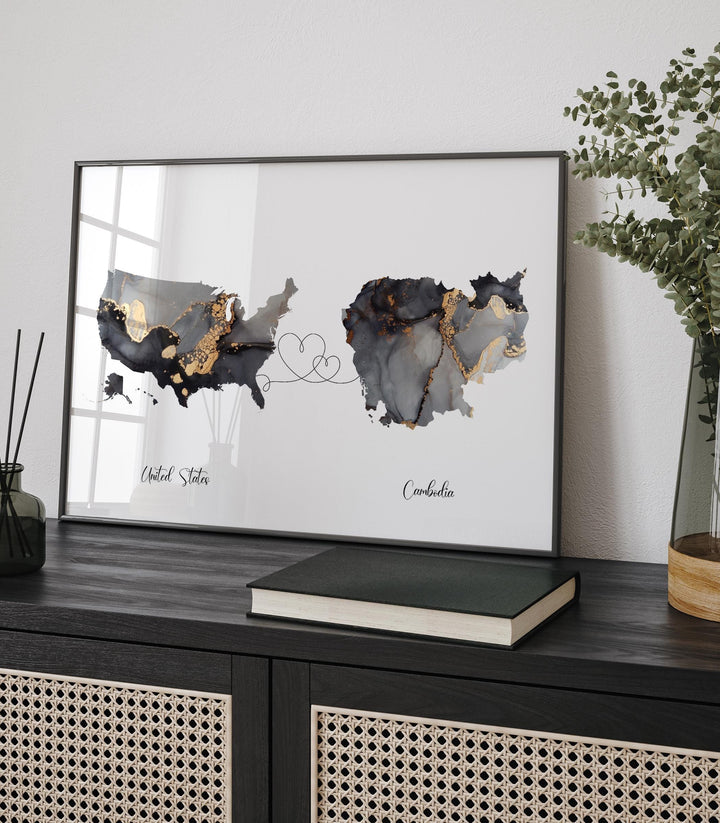 USA and Cambodia Map Black & Gold Travel Wall Art Print | United States | America | Travel Moving Home Gift