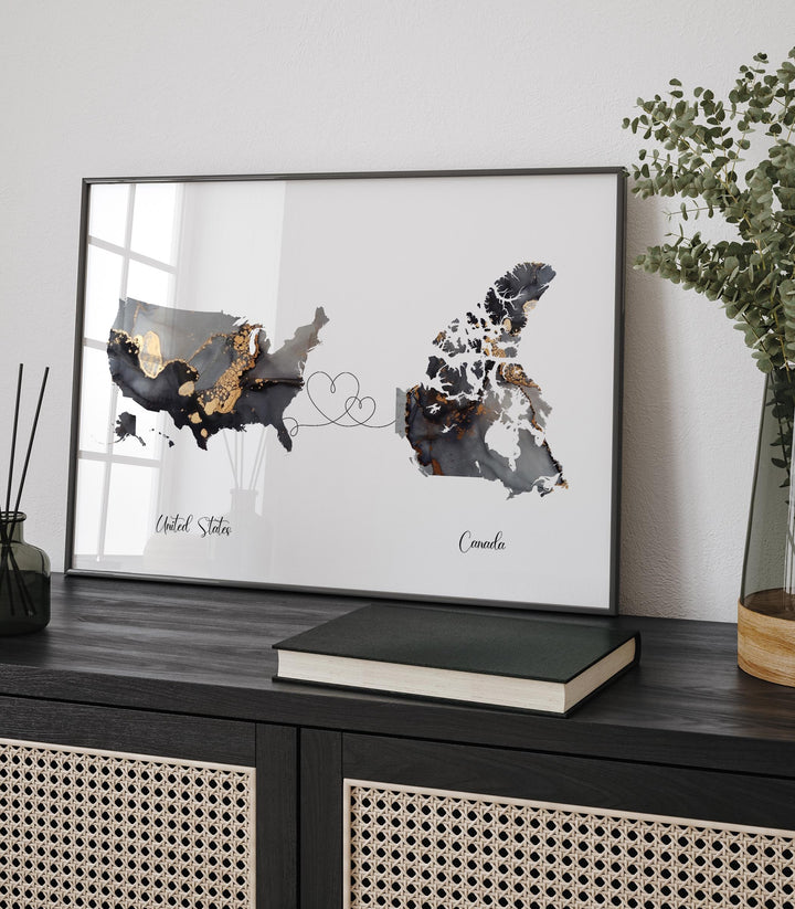 USA and Chad Map Black & Gold Travel Wall Art Print | United States | America | Travel Moving Home Gift