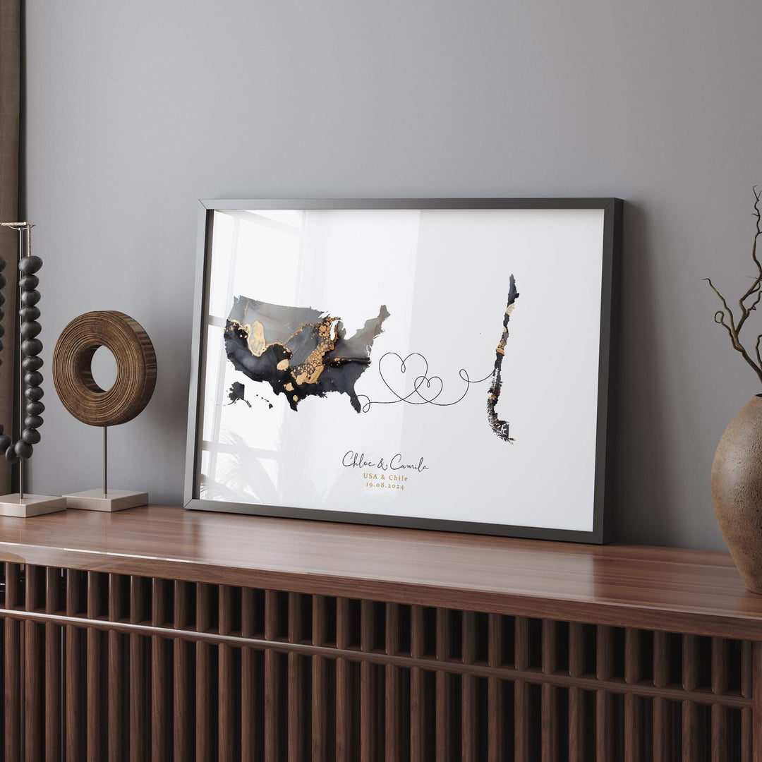 USA and Chile Map Black & Gold Travel Wall Art Print | United States | America | Travel Moving Home Gift