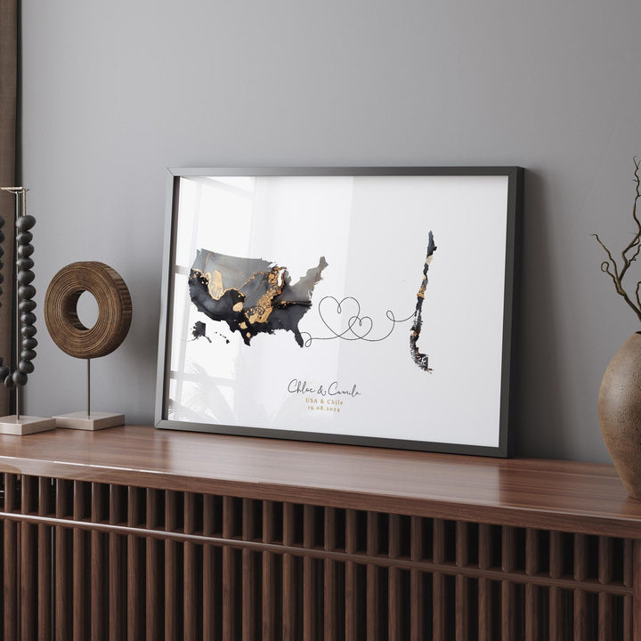 USA and Chile Map Black & Gold Travel Wall Art Print | United States | America | Travel Moving Home Gift