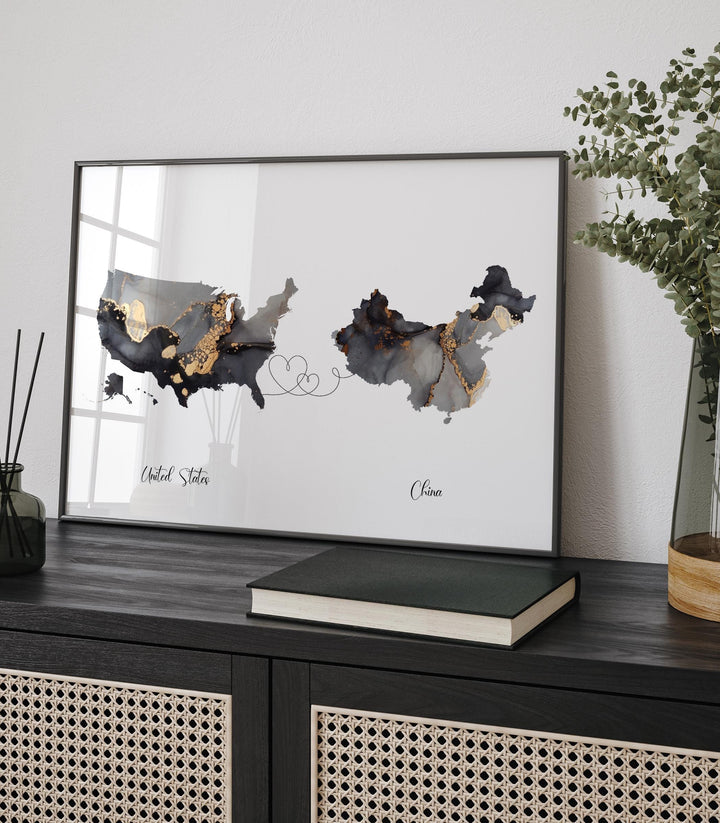 USA and China Map Black & Gold Travel Wall Art Print | United States | America | Travel Moving Home Gift