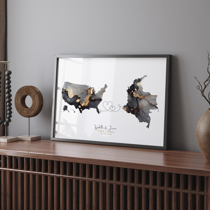 USA and Colombia Map Black & Gold Travel Wall Art Print | United States | America | Travel Moving Home Gift