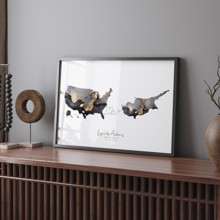 USA and Cyprus Map Black & Gold Travel Wall Art Print | United States | America | Travel Moving Home Gift