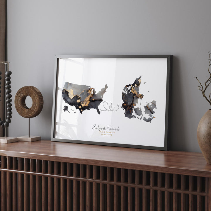 USA and Denmark Map Black & Gold Travel Wall Art Print | United States | America | Travel Moving Home Gift
