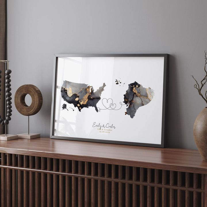 USA and Ecuador Map Black & Gold Travel Wall Art Print | United States | America | Travel Moving Home Gift