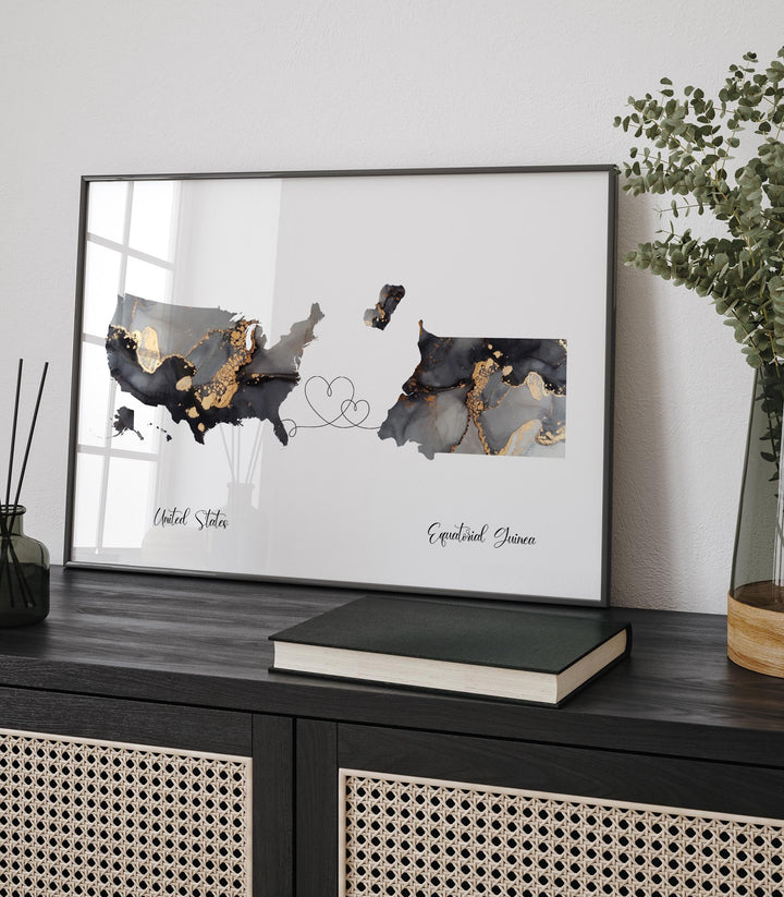 USA and Equatorial Guinea Map Black & Gold Travel Wall Art Print | United States | America | Travel Moving Home Gift