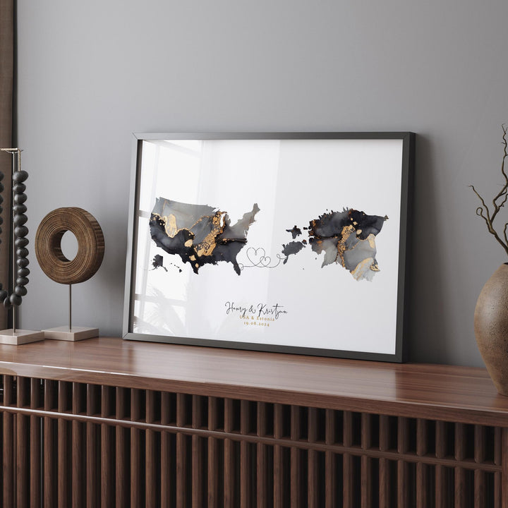 USA and Estonia Map Black & Gold Travel Wall Art Print | United States | America | Travel Moving Home Gift