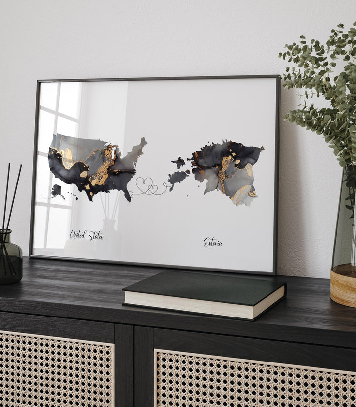 USA and Estonia Map Black & Gold Travel Wall Art Print | United States | America | Travel Moving Home Gift