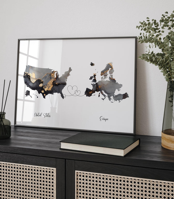 USA and Europe Map Black & Gold Travel Wall Art Print | United States | America | Travel Moving Home Gift
