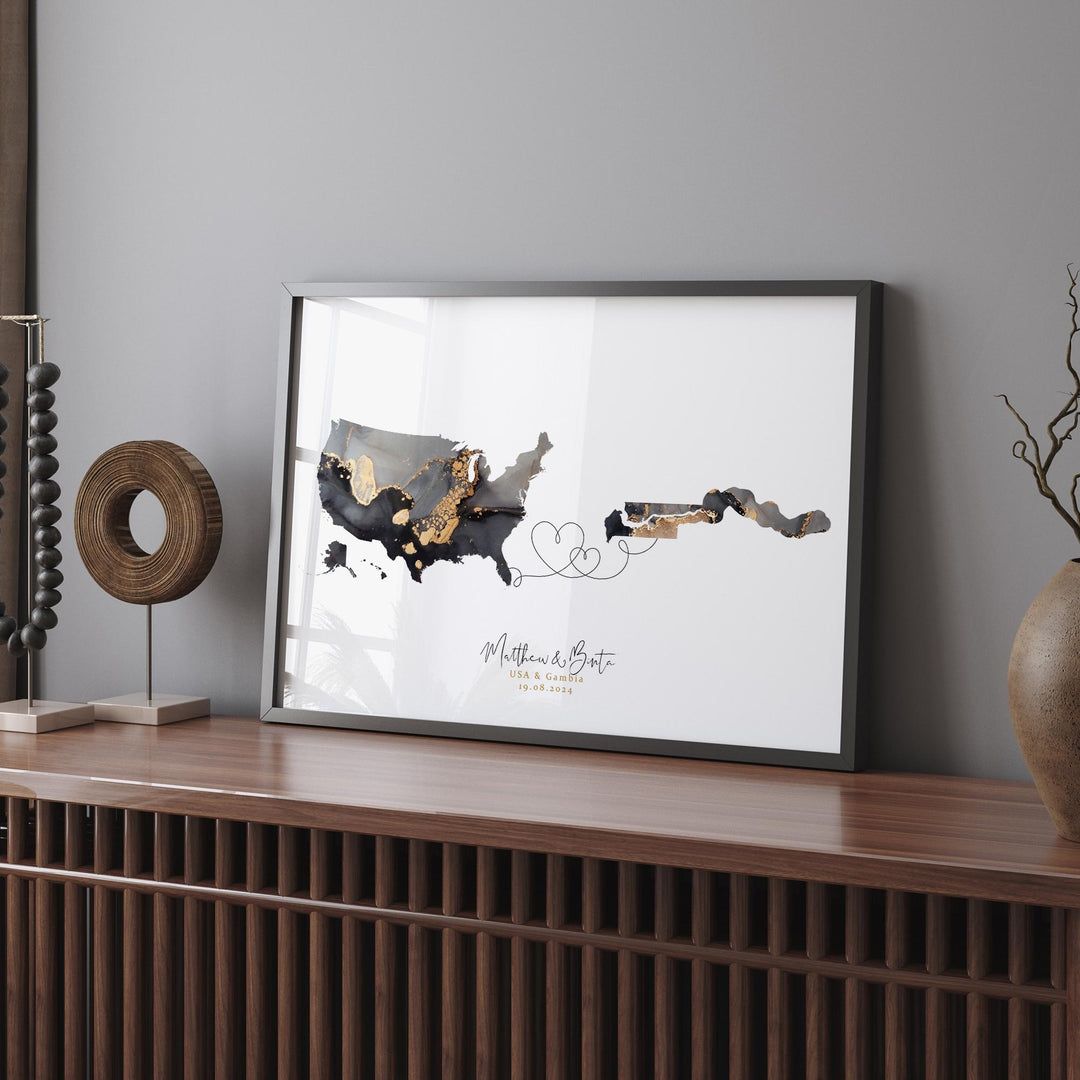 USA and Gambia Map Black & Gold Travel Wall Art Print | United States | America | Travel Moving Home Gift