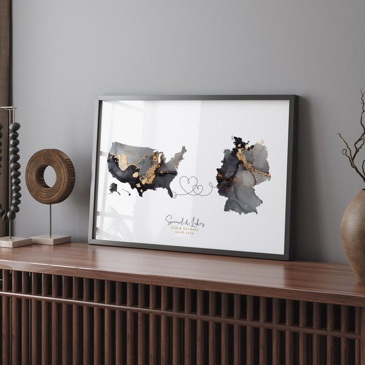 USA and Germany Map Black & Gold Travel Wall Art Print | United States | America | Travel Moving Home Gift